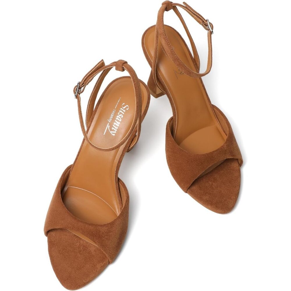 Women's Open Toe Strappy Block Ankle Strap Hight Heeled Sandals Dark Brown Shoes - Picture 6 of 9